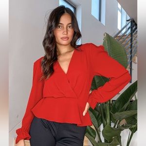 Lulus Expertise Red Faux Wrap Flounce Sleeve Top, size small